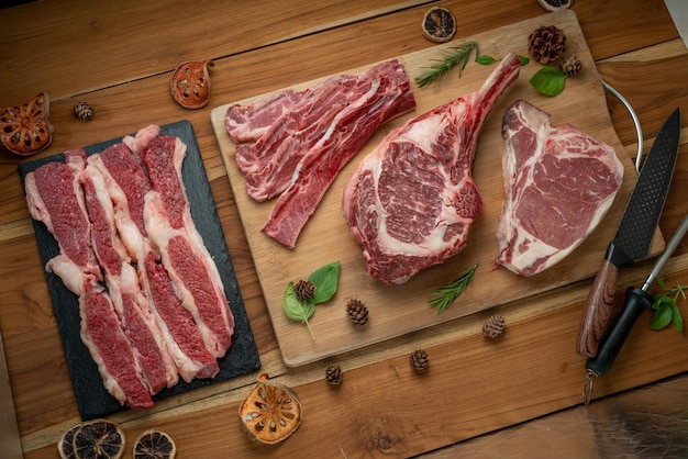 Mixed fresh meat tomahawk beef cross cut short ribs beef sliced\
brisket beef tbone steak beef