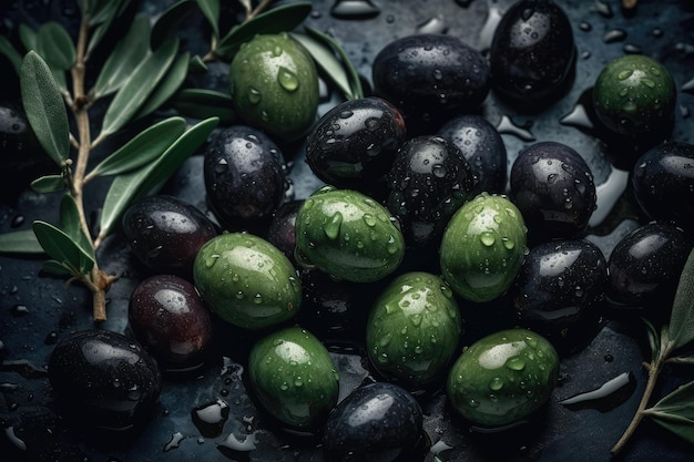Mixed fresh olives with water drops on light background ai generative
