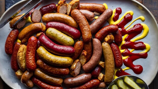 Mixed fried sausages with ketchup and mustard