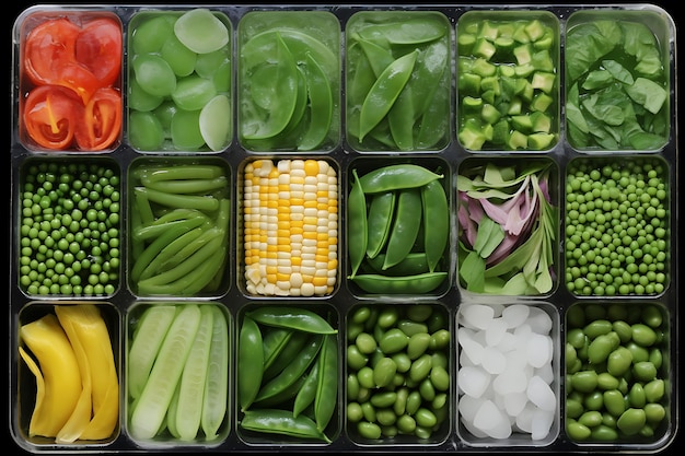 Смешанные замороженные различные овощи в коробке с ледяным видом