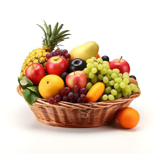 Корзина с фруктами для здорового образа жизни на белом фоне, созданная AI