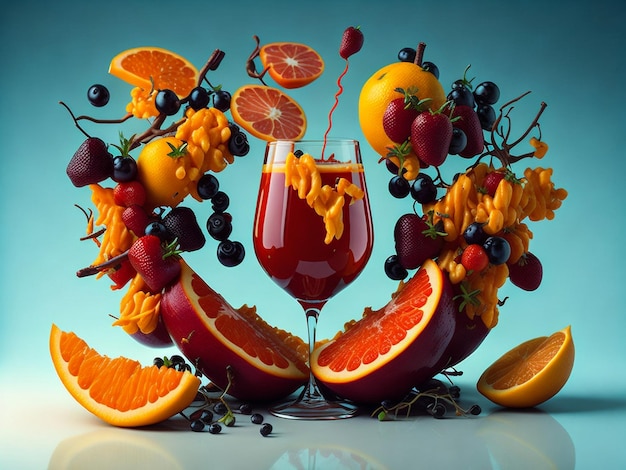 Photo mixed fruit falling in colorful juices splashing