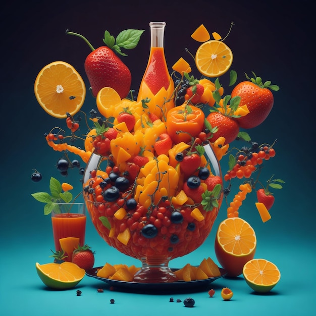 mixed fruit falling in colorful juices splashing