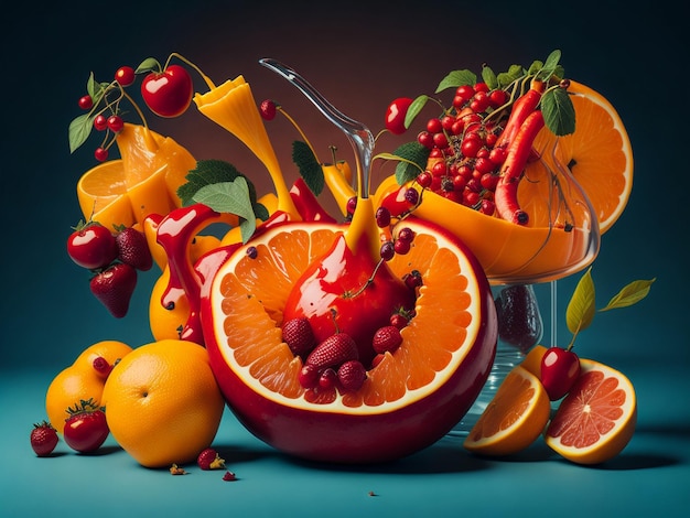 mixed fruit falling in colorful juices splashing