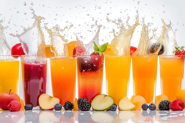 mixed fruit falling into juices splashing on white background Detox water cocktail Fresh fruit juice