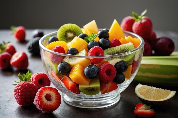 Mixed fruit salad in a glass bowl