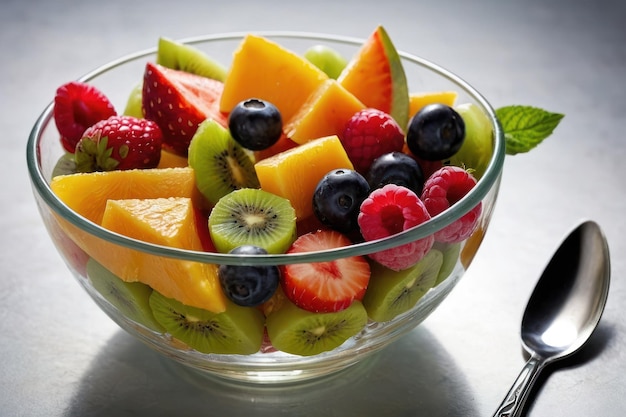 Mixed fruit salad in a glass bowl