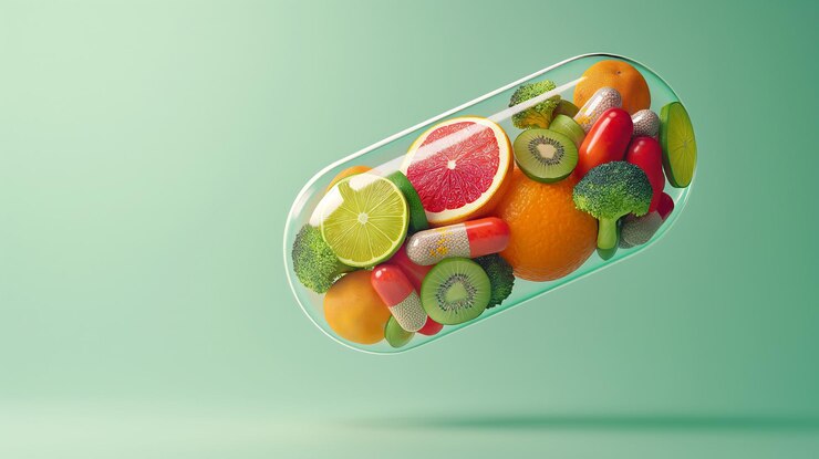 Photo mixed fruits and capsules encapsulated in a transparent floating capsule on green background