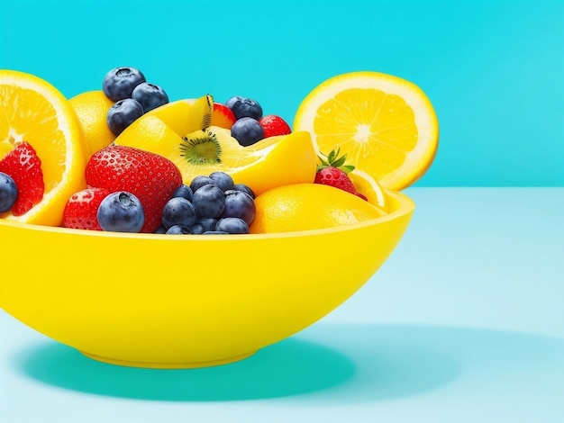 Фото Смешанные фрукты на желтой чаше с голубым фоном изображение генерируется с использованием ai
