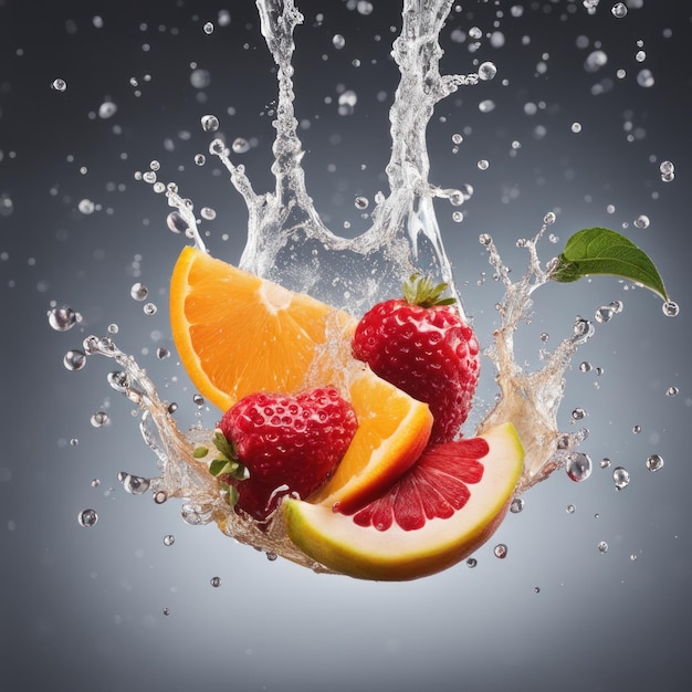 Photo mixed fruits splashing into the water