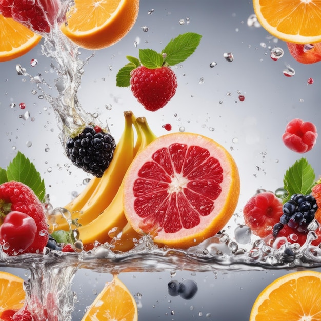 Photo mixed fruits splashing into the water