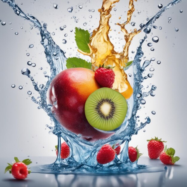 Photo mixed fruits splashing into the water