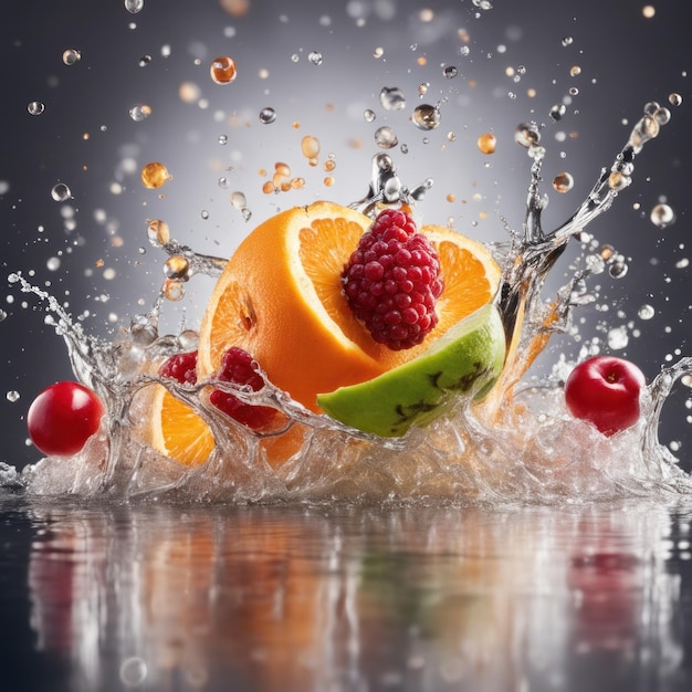 Photo mixed fruits splashing into the water