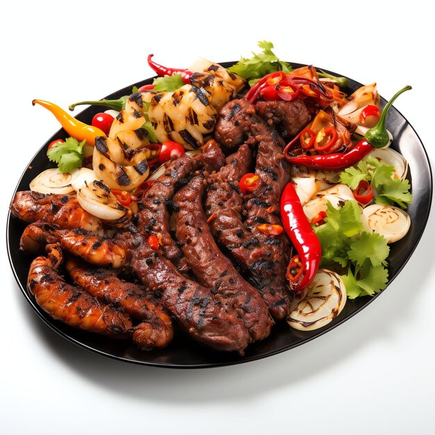 a mixed grill with seasoned mala sichuan pepper chinese spices studio light isolated on white b