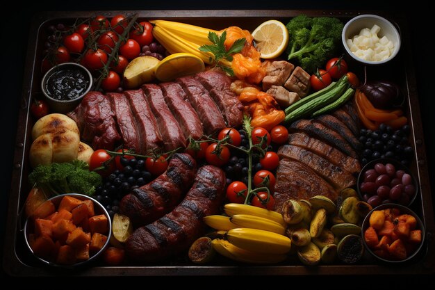 Mixed grilled foods with meat and vegetables