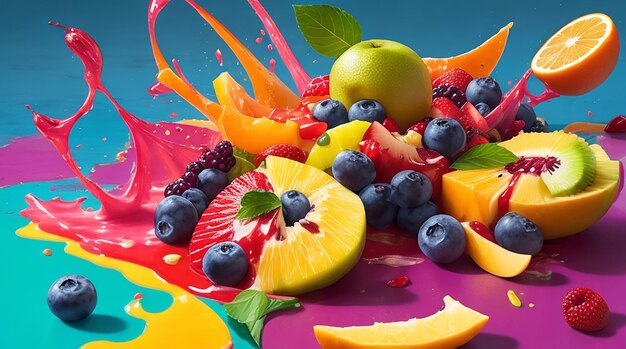 Photo mixed healthy fruits salad spilling on the floor vibrant colors and textures fruits background