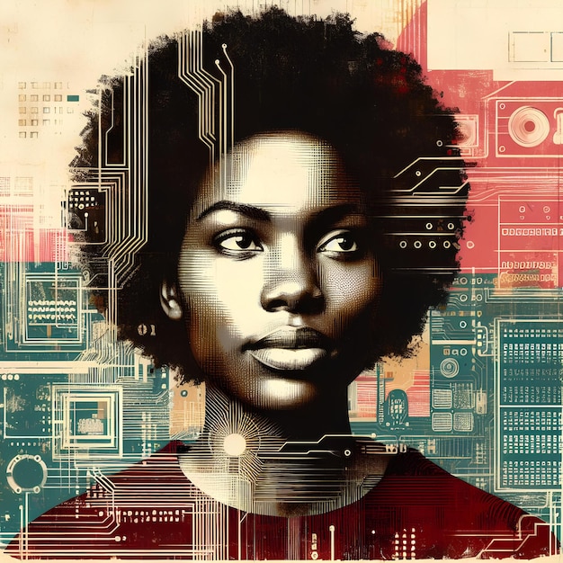 mixed meadia portrait of female african computer programmer photo realistic