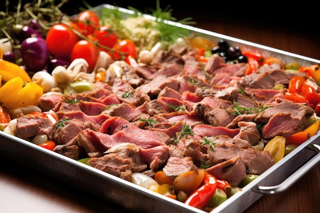 Mixed meat skewers neatly arranged panel on a serving tray