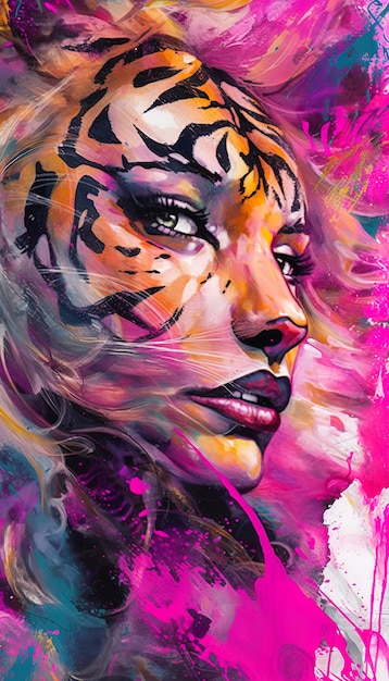 Mixed Media Artwork Tiger's Intense Close-up