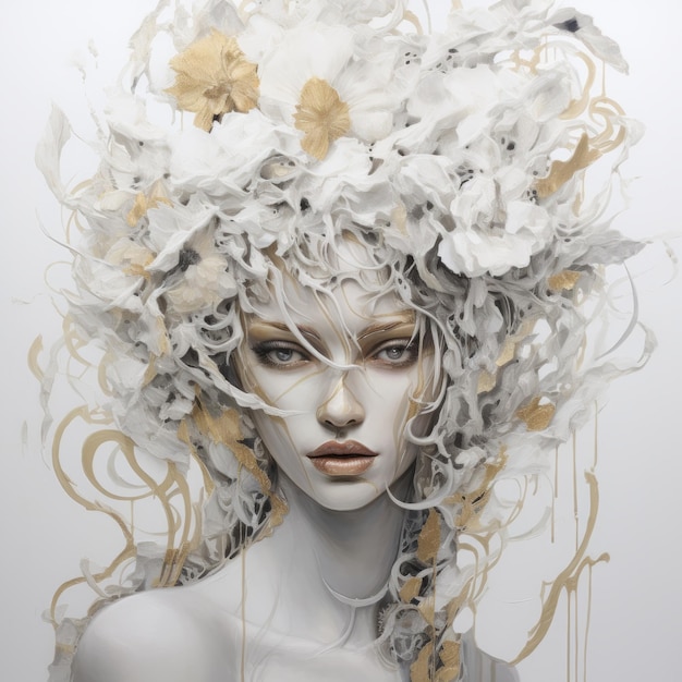 Mixed Media Painting Woman With White Flowers In Realism With Fantasy Elements