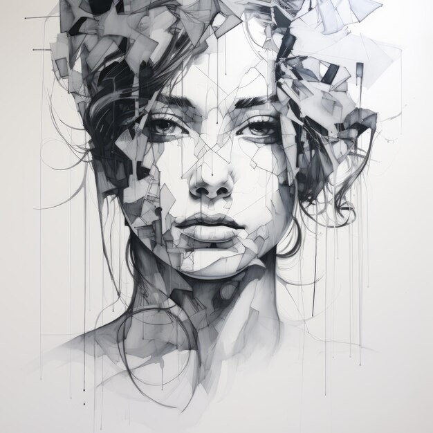 Photo mixed media triste abstract portrait drawing in urban style