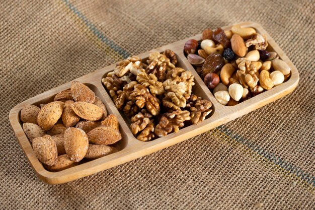 Mixed nuts in a bamboo plate