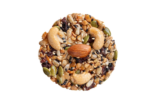 Photo mixed nuts and dried fruit cookies on white background with clipping path