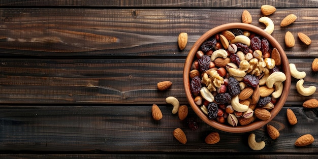 Mixed nuts and dried fruits in wooden bowl on wooden background Healthy snack mix of organic nuts