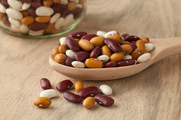Mixed organic colorful beans on a wooden spoon close up