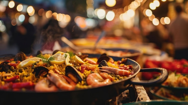 Mixed paella against a lively street food market