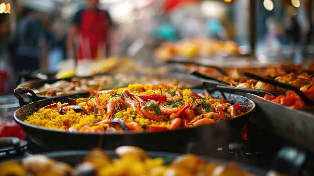 Mixed Paella against a lively street food market