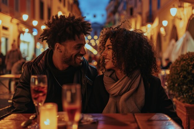 Photo mixed race couple on valentines date in restaurant on the romantic streets of rome k real photo