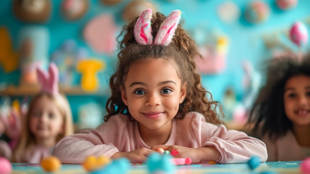 학교 나 유치원 에서 부활절 을 준비 하고 있는 토끼 귀 를 입은 은 인종 의 귀여운 아이 들
