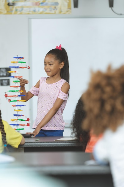 Mixed-race ethnicity schoolgirl analyzing DNA structure model at school