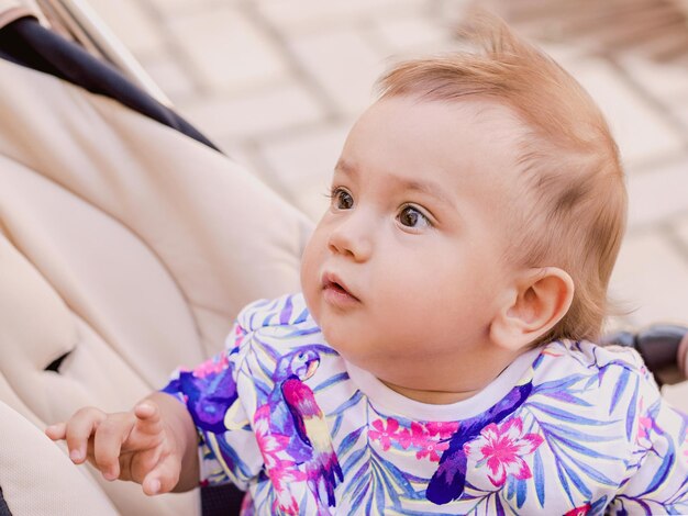 mixed race little boy sitting in the baby carriage in warm day outdoor Childhood concept