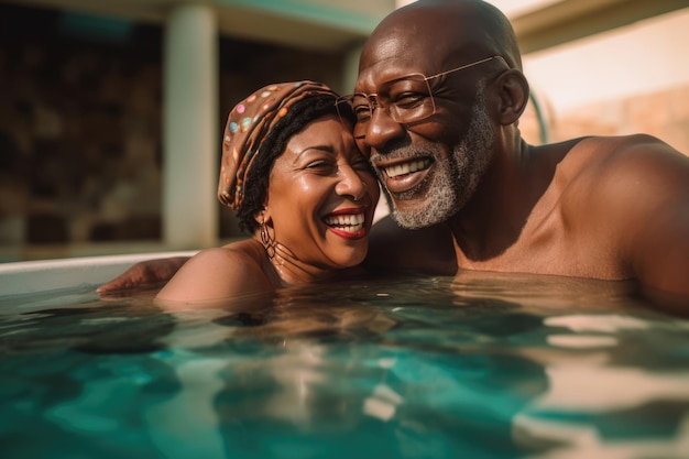 Пара среднего возраста смешанной расы наслаждается временем в бассейне