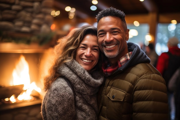 Mixed race middle age couple near a fireplace indoor winter forest cabin AI Generated Content