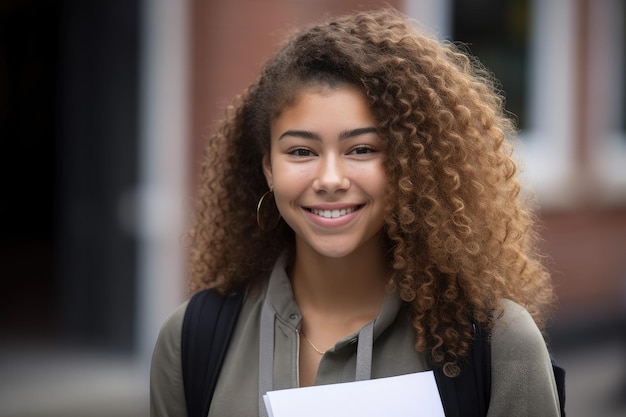 Mixed race student smiling at the camera while she holds her textbook created with generative ai