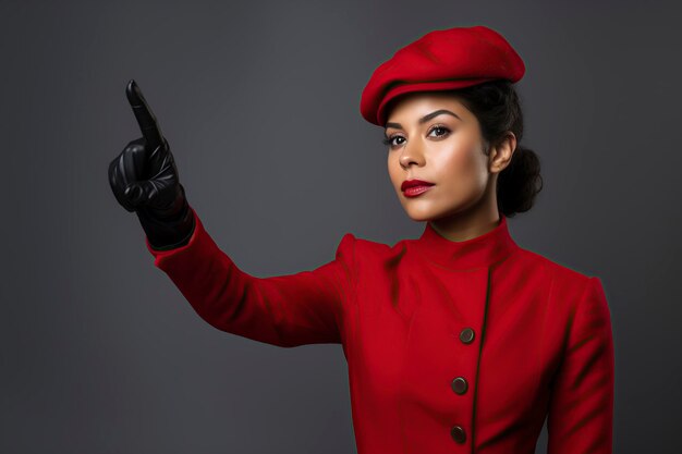 mixed race woman wearing a red hat and gloves