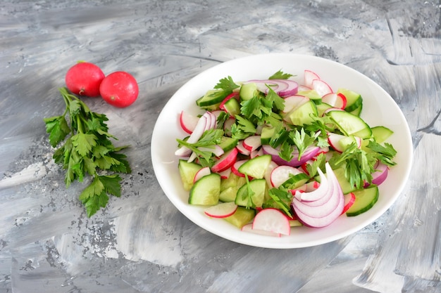 mixed salad with cucumber garden radish and onion and parsley on the concrete background