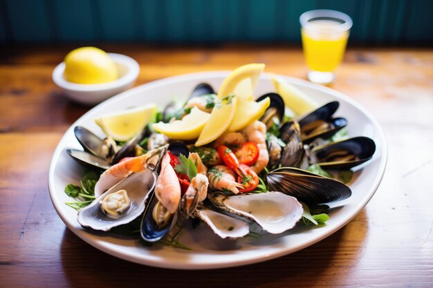 Photo mixed seafood tapas on a platter with lemon slices