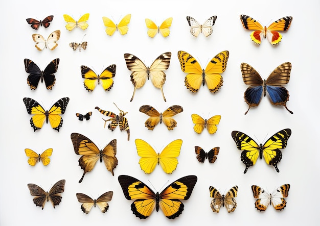 Mixed set of colored and beautiful butterflies on isolated white background Generative AI