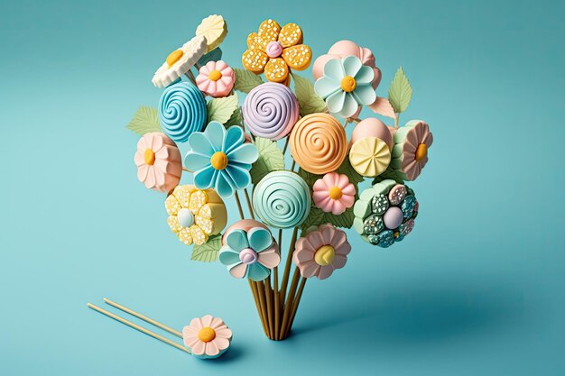 Mixed shortstemmed flowers bouquet like as candies on blue background