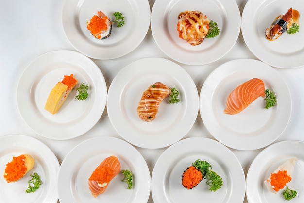 Mixed sushi set on plate , favorite japanese .