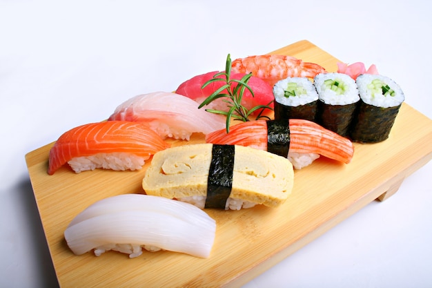 Mixed sushi on white background 