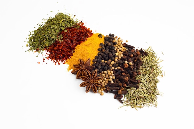 Mixed various spices on the white background