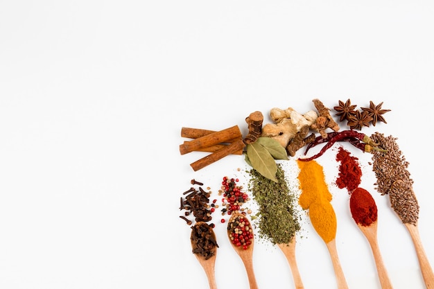 Mixed various spices on the white background