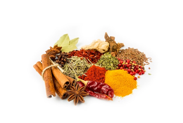 Mixed various spices on the white background