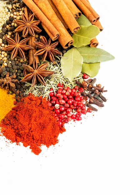 Mixed various spices on the white background