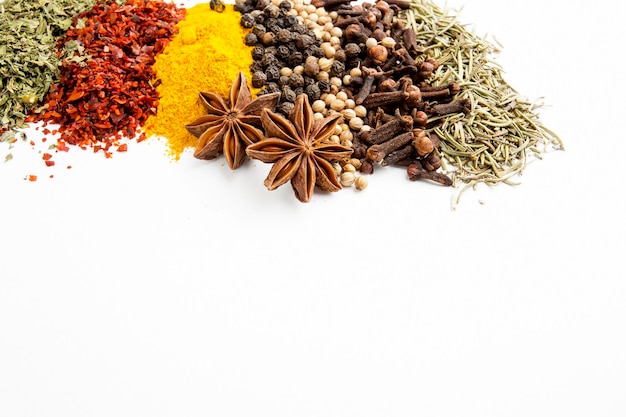 Mixed various spices on the white background